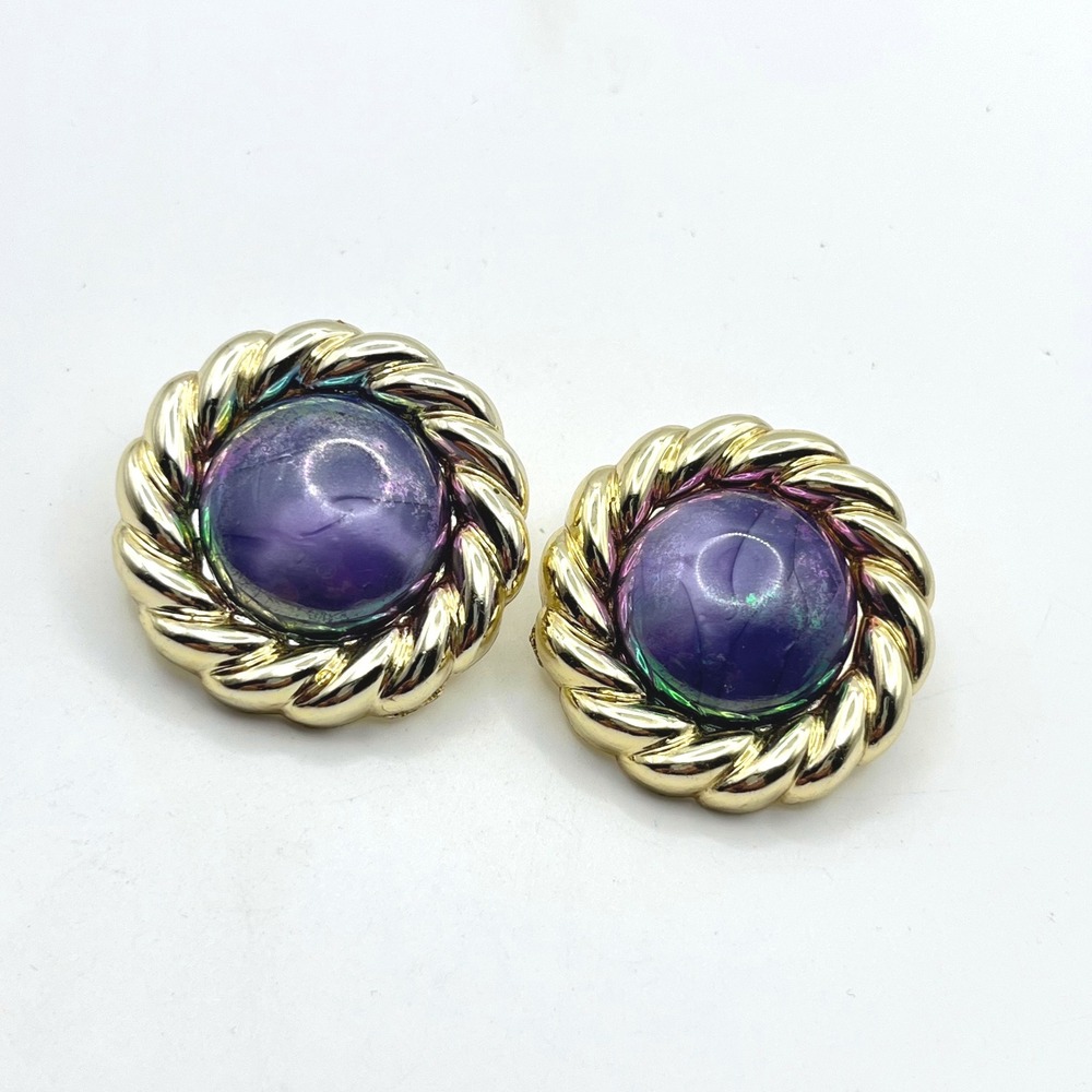 Vintage 80s Gold Tone Purple Iridescent Cabochon Rope Border Large Stud Earrings